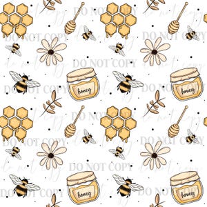 May include: A repeating pattern featuring bees, honeycombs, honey jars, flowers, and honey dippers on a white background. The honey jars have the word "honey" written on them. The bees are black and yellow.