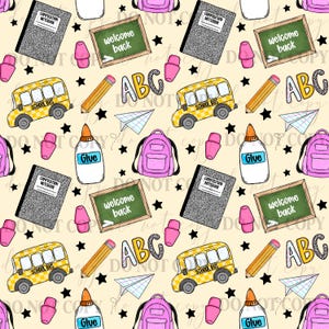 Modèle sans couture pour la rentrée scolaire PNG | Bus scolaire, sac à dos, carnet de notes, collage, crayon, motif répété | Papier numérique pour sublimation pour professeur