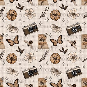 May include: A repeating pattern featuring vintage cameras, butterflies, bees, flowers, and sprigs on a grid background. The design includes the word "Bloom" on a torn paper element, with a neutral color palette of brown, beige, and cream.