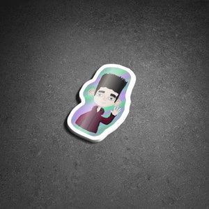 May include: A sticker featuring a cartoon character with black hair, blue eyes, and a red shirt. The character is waving with their right hand. The sticker has a purple, blue, and green background.