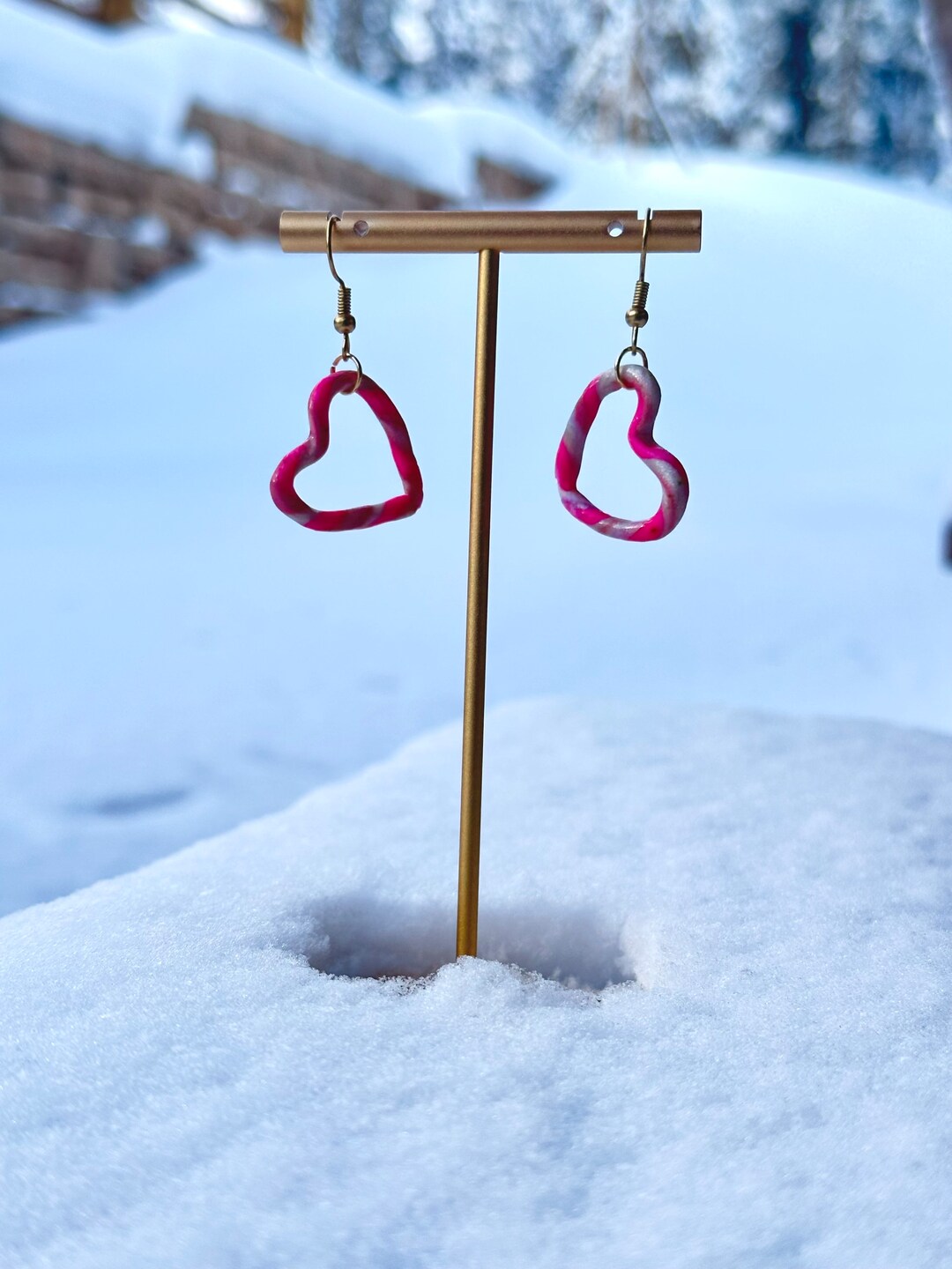 Pink Candy Cane Heart Earrings/handmade Polymer Clay Heart Earrings