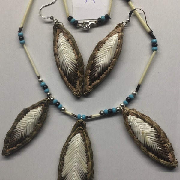 Porcupine quilled neckless 3 feather and earring set