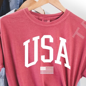 May include: A red t-shirt with a white "USA" graphic and a small American flag. The shirt is on a hanger and has a distressed look.