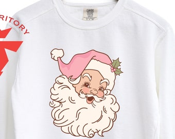 Pink Christmas Santa Sweatshirt, Comfort Colors Retro Pink Santa Hat Sweater, Classic Christmas Santa, Vintage Santa Graphic Sweatshirt Xmas