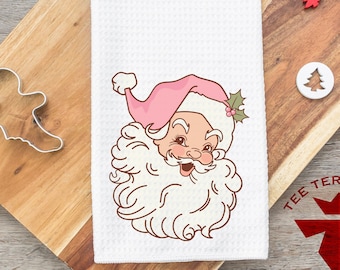 Christmas Gift, Santa Christmas Kitchen Towel, Pink Hat Santa, Retro Santa Towel, Christmas Waffle Wave Towel, Kitchen Dish Microfiber Towel
