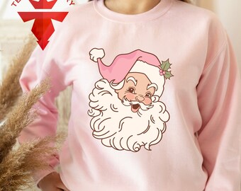Pink Santa Sweatshirt, Vintage Santa Sweater, Retro Pink Santa Sweatshirt, Xmas Gift for Her, Pink Santa Hat Xmas Gift, Holiday Sweater