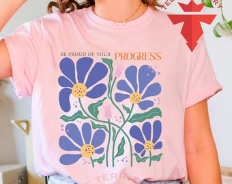 Camiseta Boho Flowers Comfort Colors®, Camiseta "Siéntete orgulloso de tu progreso", Afirmación positiva, Camiseta Boho Wildflowers, Camiseta floral de autocuidado