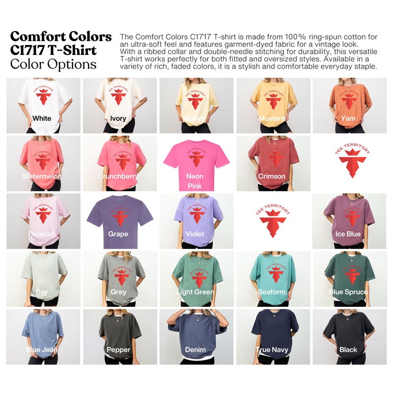 May include: A color chart showing 18 different colors of t-shirts. The t-shirts are all the same style, with a ribbed collar and double-needle stitching. The colors are: White, Ivory, Mustard, Yam, Watermelon, Crunchberry, Neon Pink, Crimson, Blossom, Grape, Violet, Ice Blue, Bay, Grey, Light Green, Seaform, Blue Spruce, Blue Jean, Pepper, Denim, True Navy, and Black.