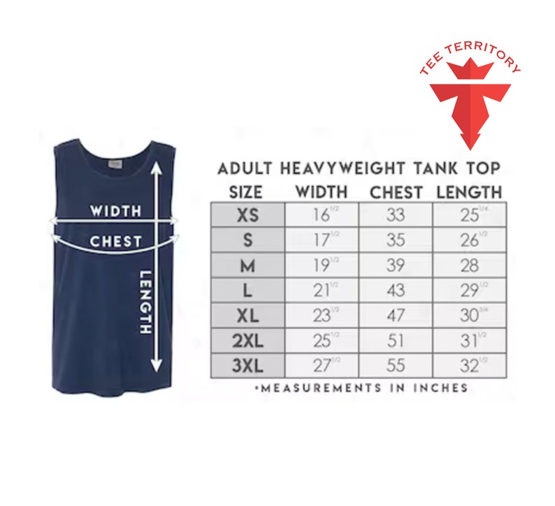 May include: Size chart for an adult heavyweight tank top. The chart shows the size, width, chest, and length measurements in inches.