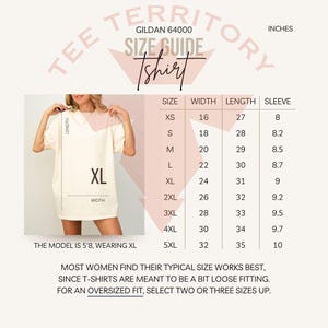 May include: Cream-colored t-shirt with a size guide chart. The chart lists sizes XS to 5XL, with measurements in inches for width, length, and sleeve. The model is 5'8" and wearing XL. The text says to select two or three sizes up for an oversized fit.