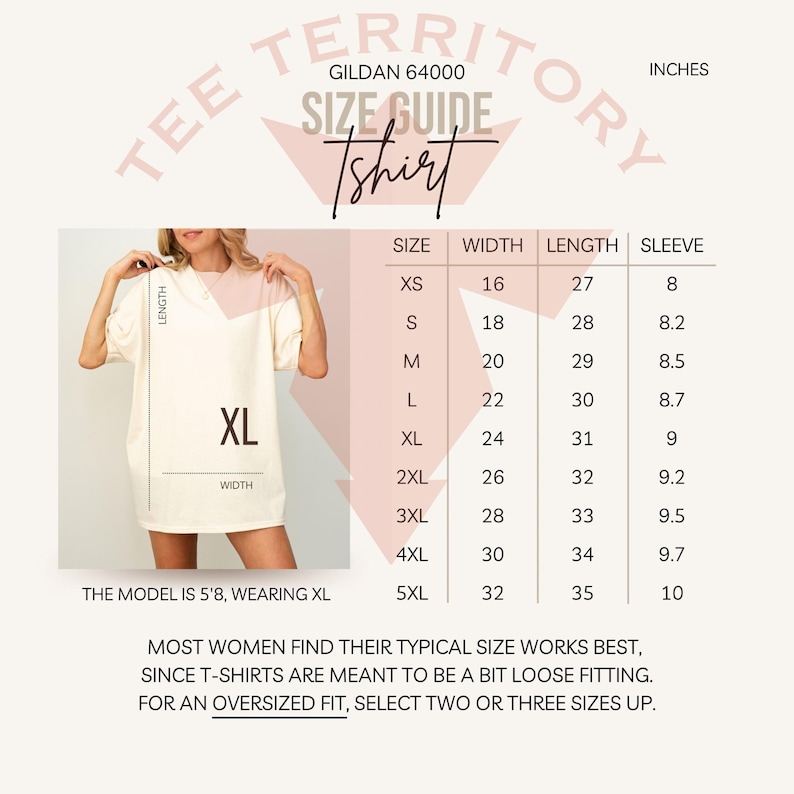 May include: Cream-colored t-shirt with a size guide chart. The chart lists sizes XS to 5XL, with measurements in inches for width, length, and sleeve. The model is 5'8" and wearing XL. The text says to select two or three sizes up for an oversized fit.