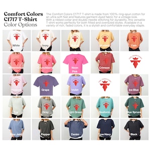 Pu&ograve; includere: Una cartella colori che mostra 18 colori diversi di t-shirt. Le t-shirt sono tutte dello stesso stile, con un colletto a costine e cuciture a doppio ago. I colori sono: Bianco, Avorio, Senape, Yam, Anguria, Mirtillo, Rosa neon, Cremisi, Fiore, Uva, Viola, Azzurro ghiaccio, Baia, Grigio, Verde chiaro, Blu mare, Abete blu, Jeans blu, Pepe, Denim, Blu scuro e Nero.