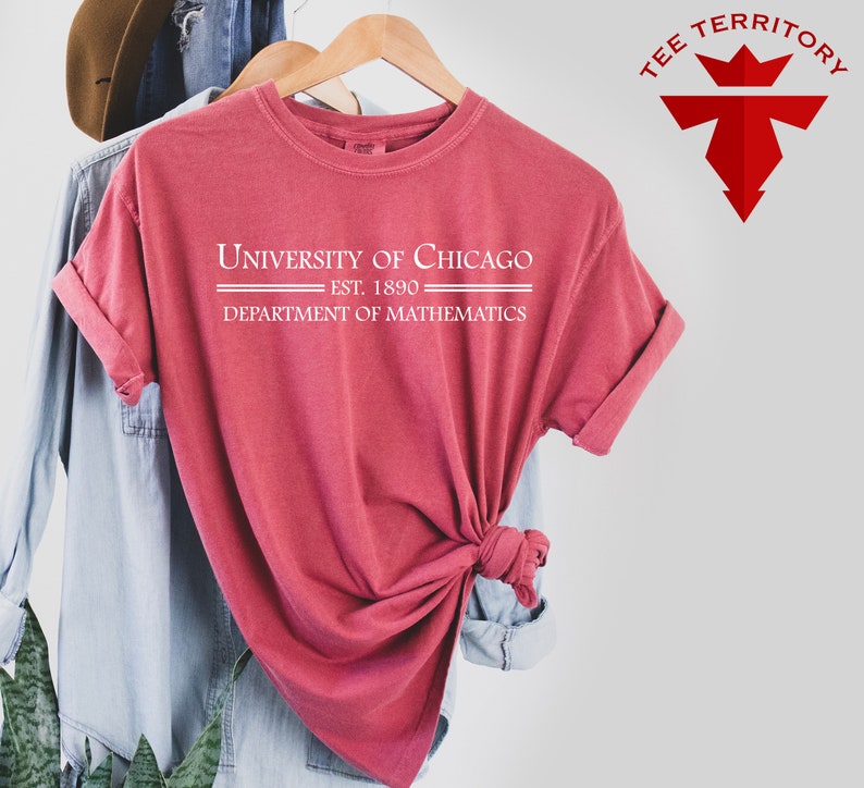 May include: A red t-shirt with the text "University of Chicago - Est. 1890 - Department of Mathematics" printed in white.