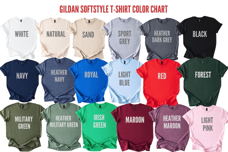 May include: Color chart of Gildan Softstyle t-shirts, showcasing various colors including white, black, navy, red, and green. Each shirt displays its color name in a bold, sans-serif font.