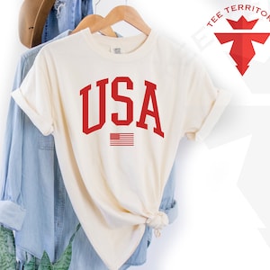 May include: A cream colored t-shirt with a red USA graphic and a small American flag. The shirt is on a hanger and is folded in half.