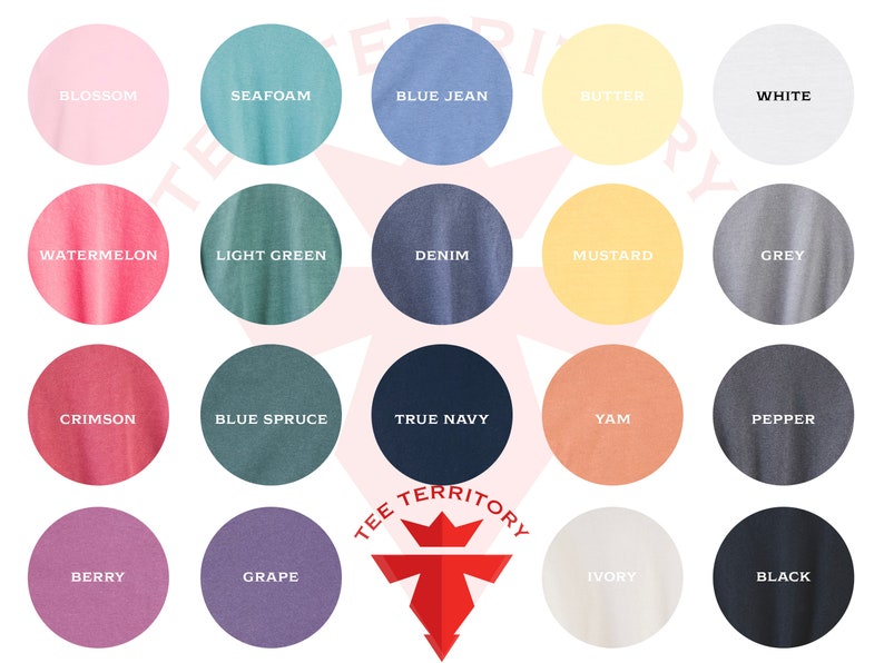 Pode incluir: Um gr&aacute;fico de cores com 20 amostras de tecido diferentes em uma variedade de cores, incluindo rosa, azul, verde, amarelo e cinza. Cada amostra &eacute; um c&iacute;rculo com o nome da cor em texto branco. O logotipo "TEE TERRITORY" est&aacute; no centro.