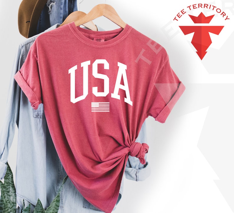 May include: A red t-shirt with a white "USA" graphic and a small American flag. The shirt is on a hanger and has a distressed look.