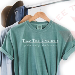 Pode incluir: Uma camiseta verde-azulado com o texto "Texas Tech University Veterinary Medicine" em branco. A camiseta est&aacute; pendurada em um cabide de madeira, com uma camisa azul clara e um chap&eacute;u marrom ao fundo.