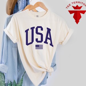 May include: A cream colored t-shirt with a navy blue USA graphic and a small American flag. The shirt is on a hanger and is folded in half.