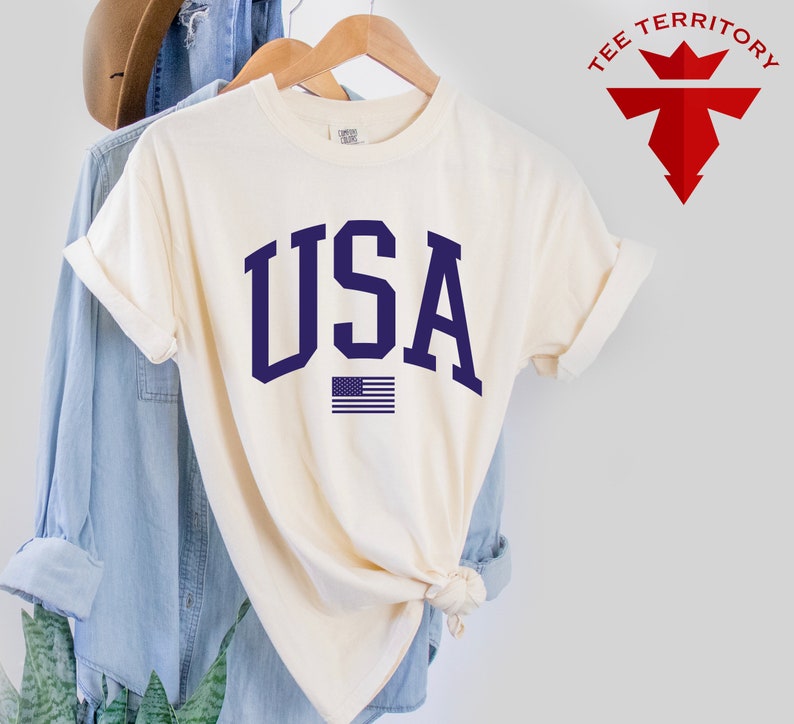 May include: A cream colored t-shirt with a navy blue USA graphic and a small American flag. The shirt is on a hanger and is folded in half.