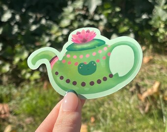 Frog Teapot Sticker // Frog Art Sticker 3.5 in x 2 in // Toadstool Sticker Co