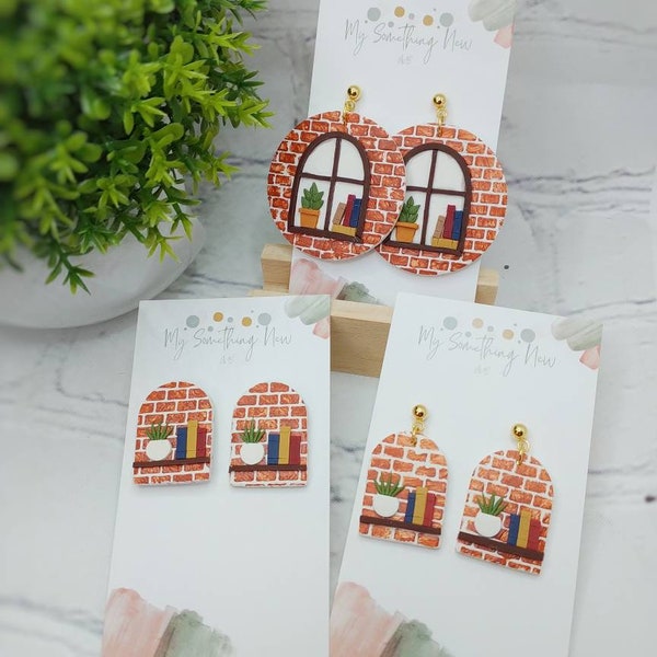 Window gazing | Little red brick, window earrings featuring books and plants | Bookshelf collection