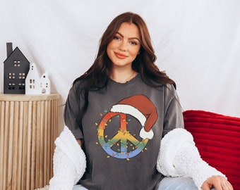 Comfort Colors, Boho Christmas, Trendy, Peace Sign, Christmas Lights, Festive Shirt