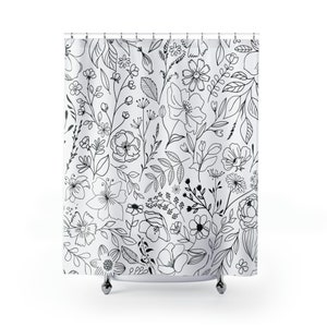 Black Floral Print Shower Curtain, Boho Floral Shower Curtain