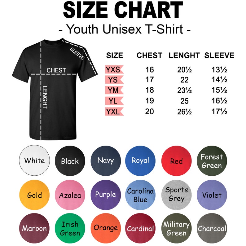 Może przedstawiać: Tabela rozmiar&oacute;w dla dziecięcych t-shirt&oacute;w unisex. Tabela pokazuje rozmiary od YXS do YXL z odpowiadającymi im wymiarami klatki piersiowej, długości i rękaw&oacute;w w calach. Tabela zawiera r&oacute;wnież paletę kolor&oacute;w z 12 r&oacute;żnych kolor&oacute;w.