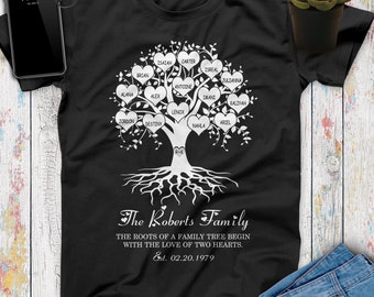 Personalized Family Heart Tree With Custom Children Grandchildren Names Gift For Parents Grandparents Anniversary Gift Shirt, Birthday Shirt