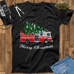 Merry Christmas Tree Fire Truck Firefighter Shirt, Thin Red Line Shirt, Firefighter Gift, Firefighter Birthday, Father&#39;s Day Gift
