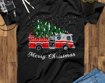 Merry Christmas Tree Fire Truck Firefighter Shirt, Thin Red Line Shirt, Firefighter Gift, Firefighter Birthday, Father&#39;s Day Gift