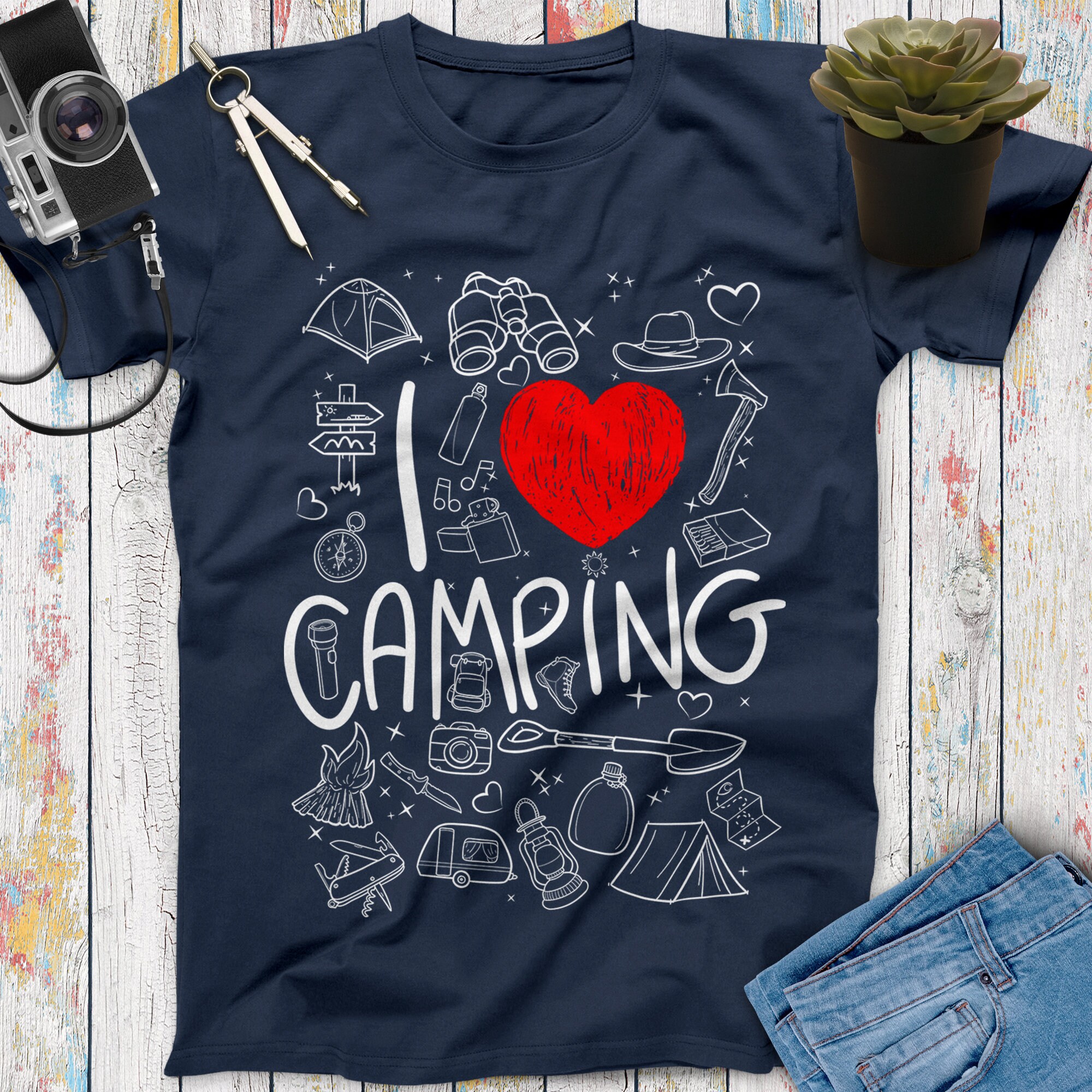 Women's "I Love Camping" Graphic Tee - Cute Heart Campfire Short Sleeve Summer Top