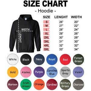 Może przedstawiać: Tabela rozmiar&oacute;w dla bluz z kapturem w r&oacute;żnych rozmiarach, od S do 5XL. Tabela pokazuje wymiary długości i szerokości w calach dla każdego rozmiaru. Tabela zawiera r&oacute;wnież paletę kolor&oacute;w z 15 r&oacute;żnymi opcjami kolor&oacute;w.