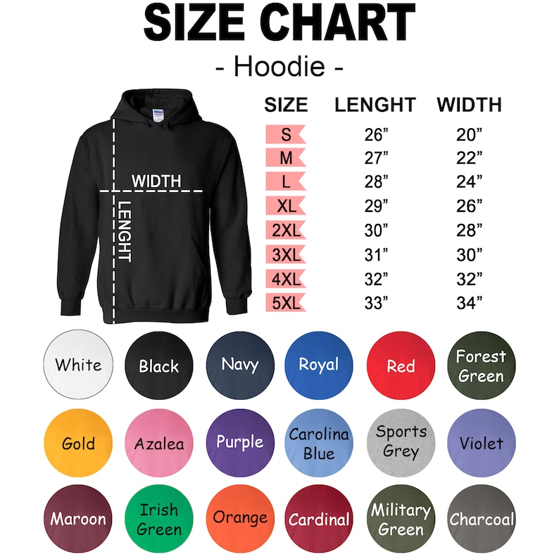 Może przedstawiać: Tabela rozmiar&oacute;w dla bluz z kapturem w r&oacute;żnych rozmiarach, od S do 5XL. Tabela pokazuje wymiary długości i szerokości w calach dla każdego rozmiaru. Tabela zawiera r&oacute;wnież paletę kolor&oacute;w z 15 r&oacute;żnymi opcjami kolor&oacute;w.