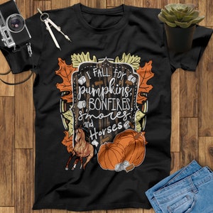 I Fall For Pumpkins Bonfires and Horses For Halloween T-Shirt, Horse Gifts, Country Shirts, Equestrian Gifts, Western Shirt