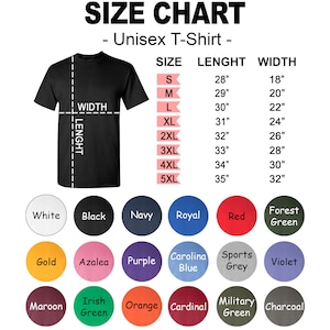 Może przedstawiać: Tabela rozmiar&oacute;w dla unisexowych koszulek z wymiarami w calach. Tabela pokazuje długość i szerokość koszulek w rozmiarach S, M, L, XL, 2XL, 3XL, 4XL i 5XL. Tabela zawiera r&oacute;wnież paletę kolor&oacute;w z 12 r&oacute;żnymi kolorami.