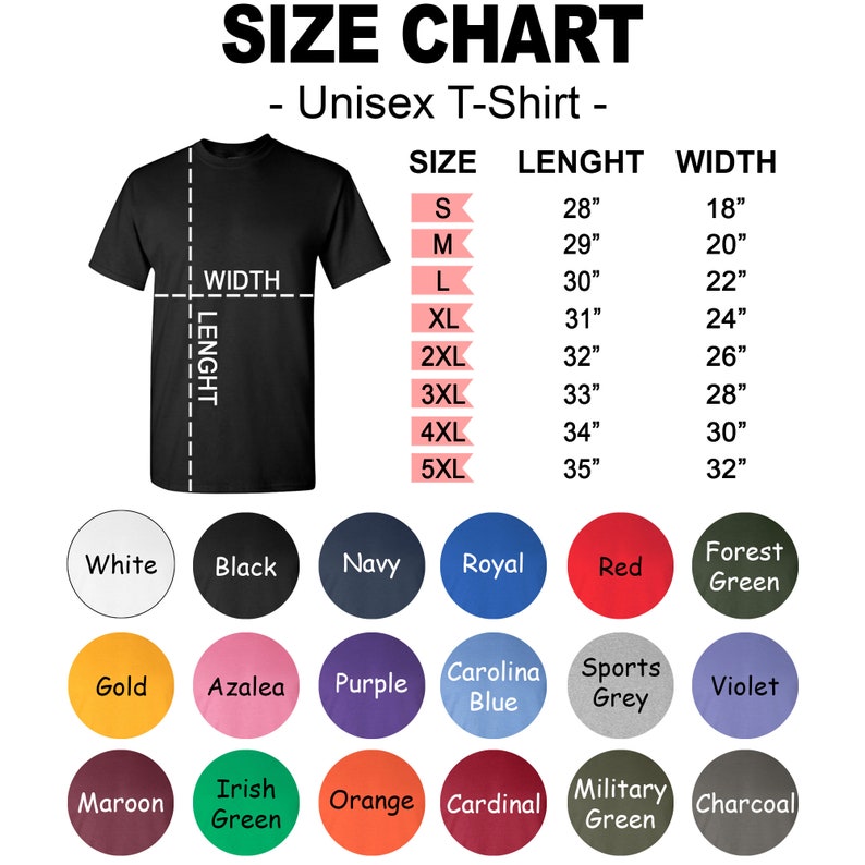 Może przedstawiać: Tabela rozmiar&oacute;w dla unisexowych koszulek z wymiarami w calach. Tabela pokazuje długość i szerokość koszulek w rozmiarach S, M, L, XL, 2XL, 3XL, 4XL i 5XL. Tabela zawiera r&oacute;wnież paletę kolor&oacute;w z 12 r&oacute;żnymi kolorami.