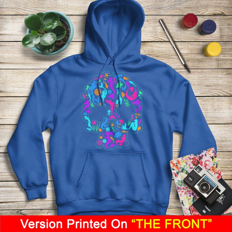 May include: A royal blue hoodie with a colorful skull design made up of sea creatures, including mermaids, seahorses, and starfish. The design is printed on the front of the hoodie.