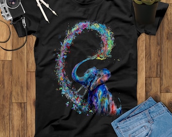 Elephant T-Shirt Colorful Elephant Drawing Hawaiian Expression Tees Colorful Graphic Tee Shirt