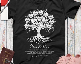 50th Anniversary Gift Personalized Family Heart Tree With Custom Children Grandchildren Grandkids Kids Names For Parents Grandparents Shirt