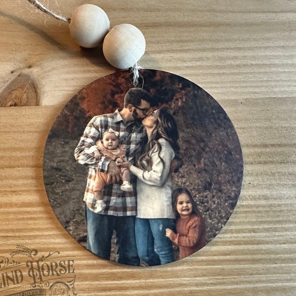 Photo Car Charm, Family Photo Ornament, Wood Photo Ornament, wood rear view car charm, Personalized Car Charm, Pet Car Charm