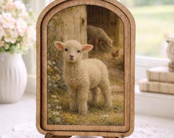 Spring Lamb Shelf Sitter, Wooden Arch Farm Decor, Pastoral Farmhouse Spring Decor, Baby Sheep Art, Rustic Shelf Decor, Easter Farm Decor