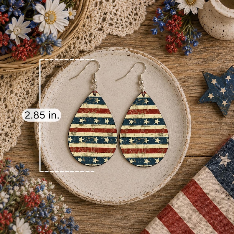 Pendientes de lágrima patrióticos, pendientes con la bandera estadounidense, joyas del 4 de julio, pendientes rústicos de EE. UU., pendientes ligeros, estilo americano. imagen 2