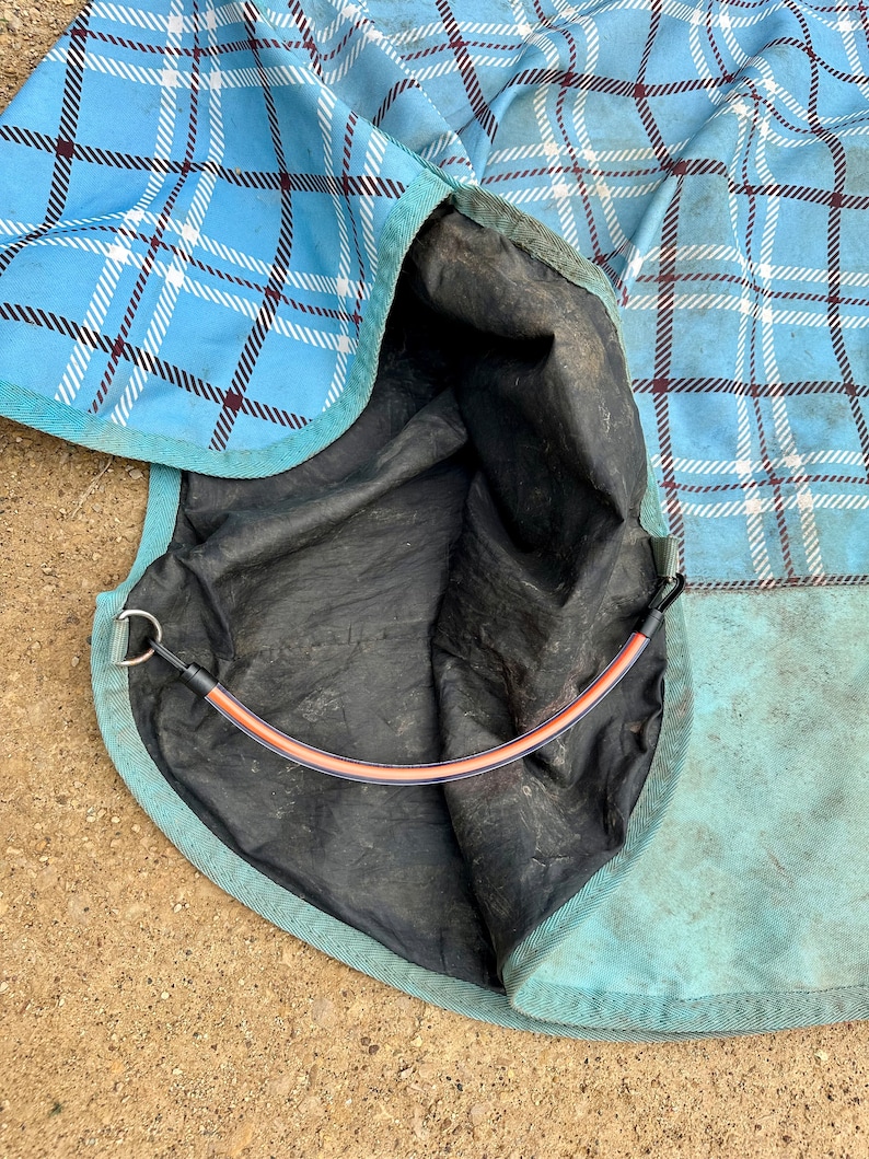 May include: A light blue horse blanket featuring a dark blue and white plaid pattern. The interior is lined with black fabric and includes a curved, orange and black elastic leg strap attached to a metal D-ring on the reinforced teal trim.