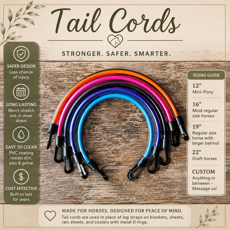 May include: A set of five flexible, arched tail cords for horse blankets, each featuring a different color PVC coating and a black metal snap hook at both ends. The cords are arranged in a semi-circle, with a sizing guide listing 12, 16, 19, and 22 inches.