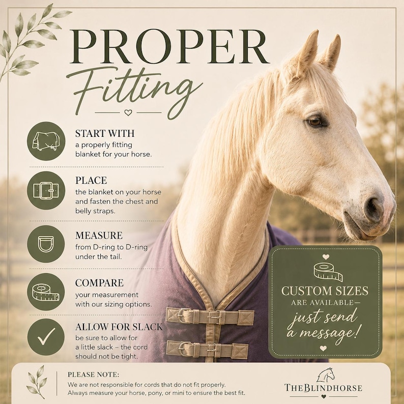 May include: An instructional graphic titled PROPER FITTING featuring a light-colored horse wearing a dark purple blanket with tan trim and two chest buckles. The text outlines five steps for measuring a horse for a blanket and notes custom sizes.