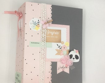 Album scrapbooking,album photos naissance,fille,gris et rose poudre