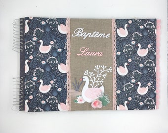 Livre d’or,baptême,fille,lin et papier,rose et bleu marine,format a4,personnalisable