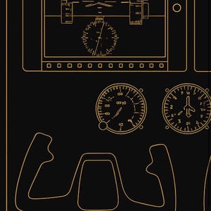 May include: A detailed illustration of an aircraft cockpit panel, rendered in gold against a black background. The design includes various gauges, dials, and a yoke, creating a technical and precise aesthetic. The image evokes a sense of aviation and engineering.